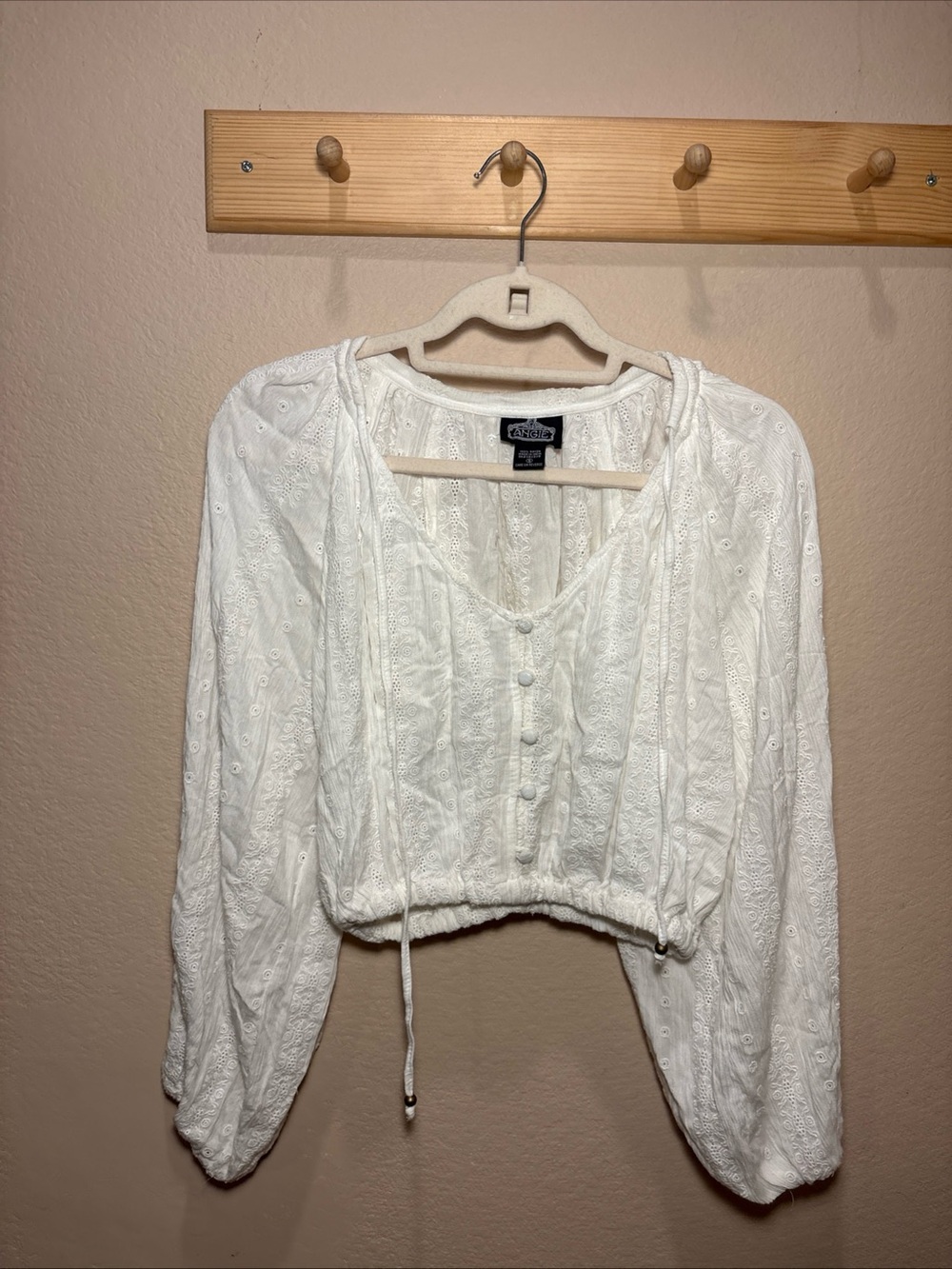 Angie White Eyelet Button-Front Peasant Blouse